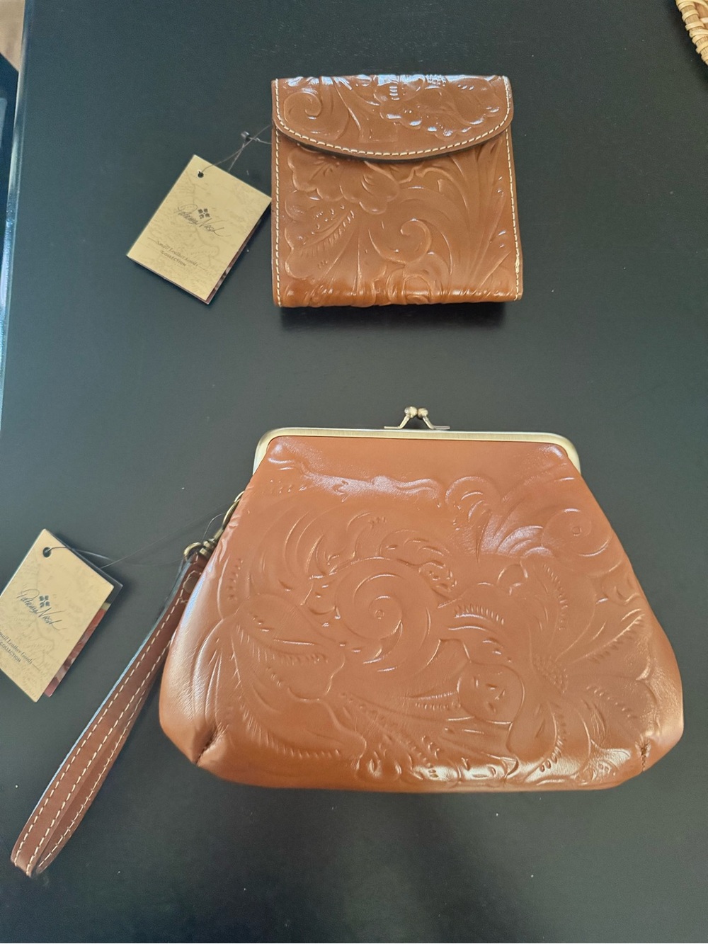 Patricia Nash Embossed Tan Leather Kiss-Lock Wristlet and Card Pouch